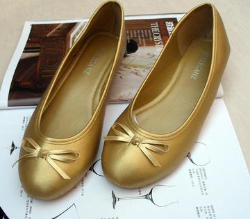 韩国ELEGANZ圆头平底单鞋蝴蝶结超软牛津底鞋（含大码）-浅金色