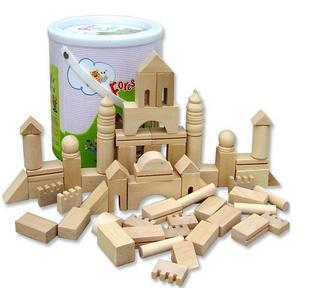 儿童益智玩具 桶装森林古堡本色原木积木城市堆积木
