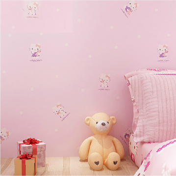 儿童房无纺布环保透气墙纸可爱温馨hello kitty壁纸 卧室背景墙画