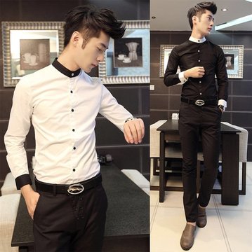 新款黑白色修身韩版男士衬衫潮长袖时尚衬衣男装立领撞色休闲上衣