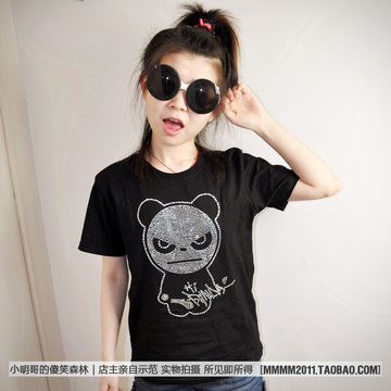 特 Hi Panda爱情公寓 曾小贤 闪亮水钻熊猫带字母 男女款短袖T恤