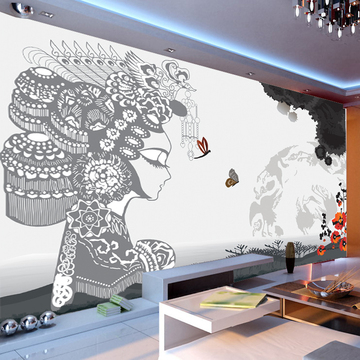 客厅电视沙发背景墙纸 酒店大型壁画壁纸 水墨国画中式京剧人物