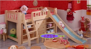 实木松木家具 实木床 松木创 儿童床 单人床 滑梯床配套柜子
