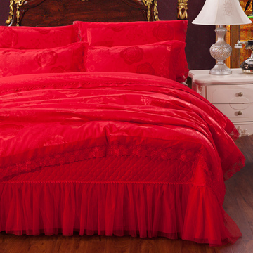 栋轩家纺贡缎提花婚庆四件套 床上用品结婚套件床盖床裙4件套大红