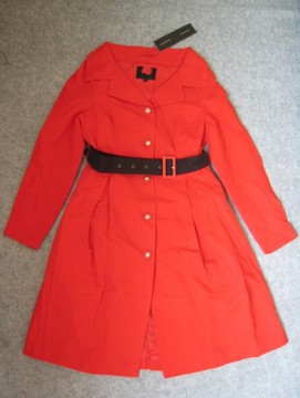 品牌折扣剪标欧美修身中长款女式纯棉红色风衣女外套