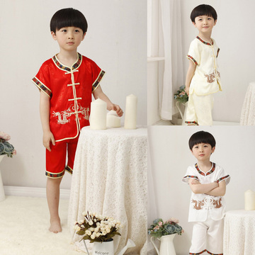 包邮儿童唐装男童夏季唐装套装男孩中大童演出服中国风绣双龙套装