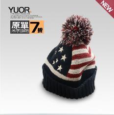 进口韩版针织帽子 美国国旗大球球帽毛线帽 秋冬季女士帽子