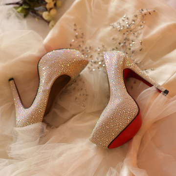 羊皮白色婚鞋水钻防水台女鞋高跟单鞋细跟红色新娘鞋伴娘鞋水晶鞋