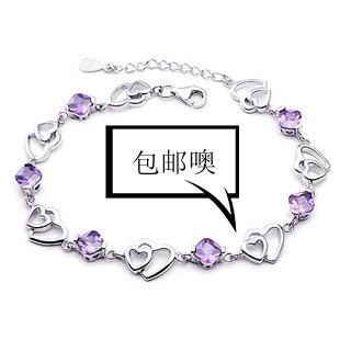 925纯银双心手链 紫水晶手链 女 日韩国女士情人节 银饰品 刻字