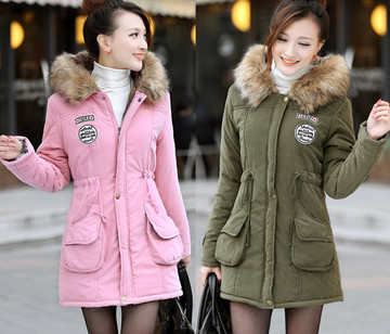 女士棉衣2015冬装新款韩版大码修身中长款连帽加厚毛领棉袄外套女