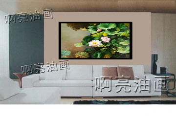 高档油画写实风景画客厅装饰大幅有框画中式风格沙发墙挂画荷花池