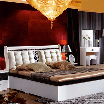 欧式家具卧室组合 白色亮光烤漆压花现代皮质新婚双人床 气动高箱