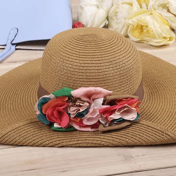 2014夏季新款韩版新款遮阳帽沙滩帽度假遮阳帽大沿边三朵花立折帽