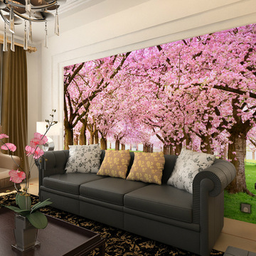 客厅沙发电视背景墙纸壁纸壁画无纺布现代简约粉红色桃花大树风景