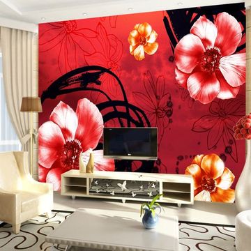 大型无缝壁画壁纸墙纸定制中式古典水墨花朵客厅电视沙发电视墙