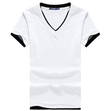 2015秋季白色短袖t恤男韩版修身v领半袖运动汗衫纯棉体恤打底衫男