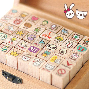 韩国文具toto可爱兔兔木盒印章 卡通兔子猫咪印章40枚入 送印泥