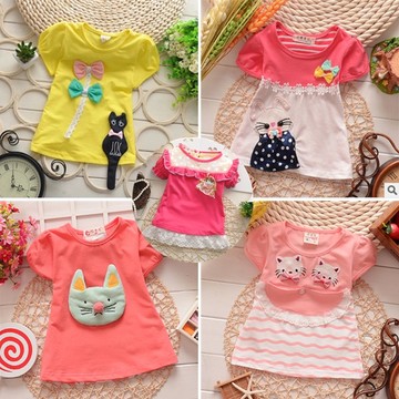 2014夏装 女童纯棉短袖T恤 蕾丝猫咪兔子 女宝宝儿童装3件包邮