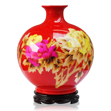 景德镇陶瓷器 中国红牡丹麦秆花瓶 现代时尚家饰摆件 工艺品摆设