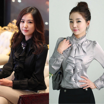 2016新款女装修身气质衬衣木耳领长袖韩版荷叶边上衣女衬衫