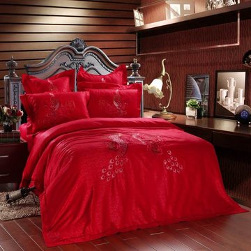 中式大红喜庆风结婚床品欧式圆角床单式四件套六件套吉祥如意