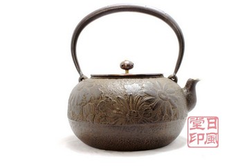 日本原装手工茶具茶壶铁壶烧水壶铸铁壶茶道山形长文堂平丸菊嵌银