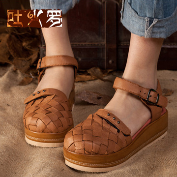 吐火罗夏季手工新款个性中跟复古鱼嘴低帮女式凉鞋凉鞋0013-01