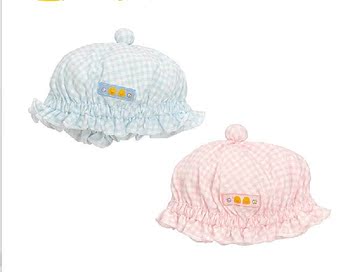 黄色小鸭秋季婴儿帽子小格子蘑菇帽荷叶边宝宝纯棉造型帽特价正品