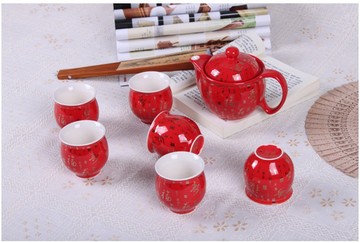厂家直销 7头青花隔热双层杯 大号茶壶茶具套装 红吉祥