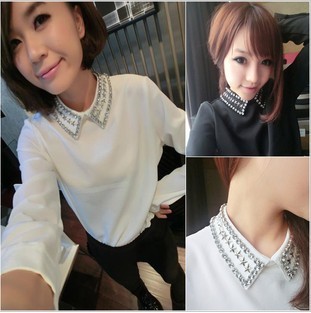2014春韩国镶钻衬衫内搭白色衬衣女长袖OL职业工作服西装打底寸衫