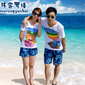 2015新款沙滩情侣装套装夏装 海边蜜月度假装 qlz大码宽松短袖t恤