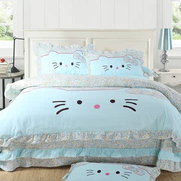 全棉贴布绣韩版卡通KITTY猫粉色蓝色 梦幻公主床裙款四件套包邮