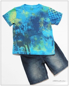 拍下后5折减价美国进口DKNY圆领短袖迷幻T恤/五分牛仔裤儿童套装