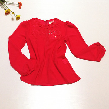 秋上新款长袖雪纺上衣/镂空刺绣高品质雪纺衬衫~红色
