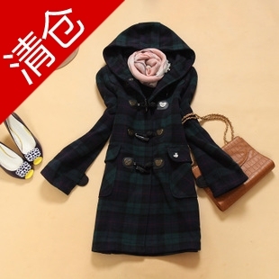 包邮学院风秋冬新款小熊版型韩版修身中长款格子羊毛呢外套大衣
