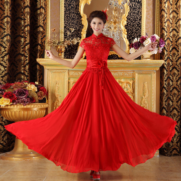 2014最新夏季水溶花蕾丝敬酒服大红色新娘装改良立领旗袍长款礼服