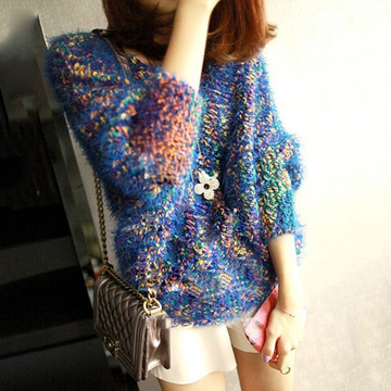 韩国代购2014秋冬新款时尚不规则彩色毛茸茸蝙蝠袖毛衣针织衫女装