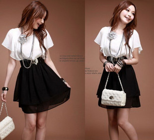 2015新款韩版女装衣服潮荷叶袖拼接洋裝连衣裙送腰带