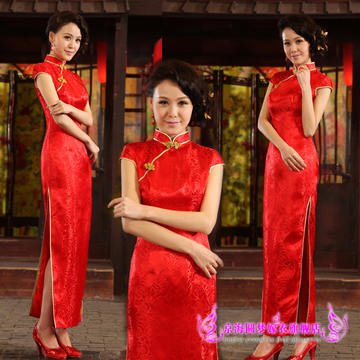 中式婚礼新娘结婚敬酒长款礼服领位迎宾剪彩礼仪短袖红色长旗袍