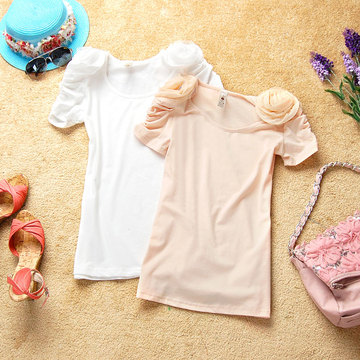 2015夏装新品女时尚立体花朵泡泡袖修身显瘦圆领百搭纯色短袖T恤
