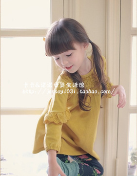 2014春季新款 韩版女童儿童两色纯棉个性长衫上衣/T恤