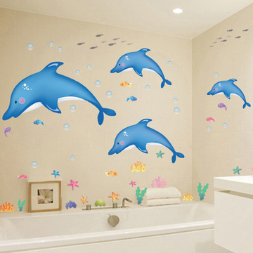 卡通海豚浴室墙贴防水墙纸幼儿园背景装饰贴画海底世界自粘贴纸