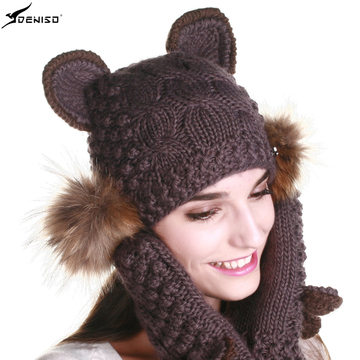 2014年秋冬新款女士兔耳朵帽子羊毛针织帽时尚款带毛球护耳帽包邮