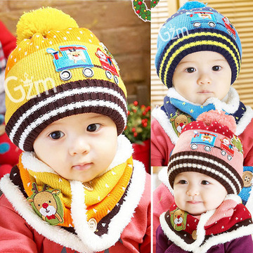 秋冬新款韩版儿童帽子毛线加绒帽圣诞帽子围脖巾两件套加厚保暖