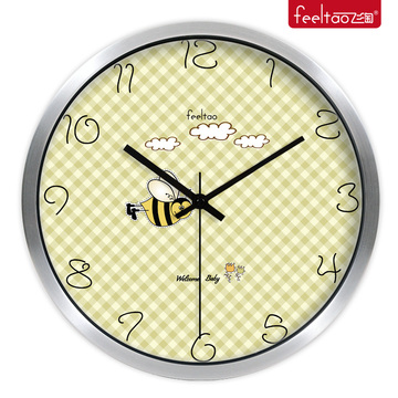简约圆形不锈钢 可爱卡通小蜜蜂静音挂钟幼儿园教室儿童卧室钟表