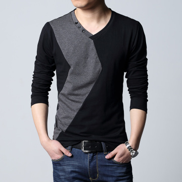 2015秋季新款男士韩版V领拼色显瘦加肥加大码长袖T恤男潮
