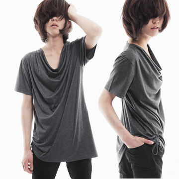 2015新款夏装韩版时尚休闲短袖t恤男士个性垂领半袖修身T恤潮男装