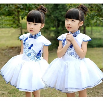 六一儿童演出服装女童古筝民族舞蹈表演服饰中国风青花瓷连衣纱裙