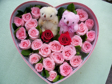 24朵玫瑰花2只小熊礼盒装广州蕊语配送情人节生日鲜花昆明天津