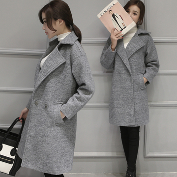 遇见自己2015冬季新款女装韩版修身显瘦中长款毛呢外套呢子大衣女